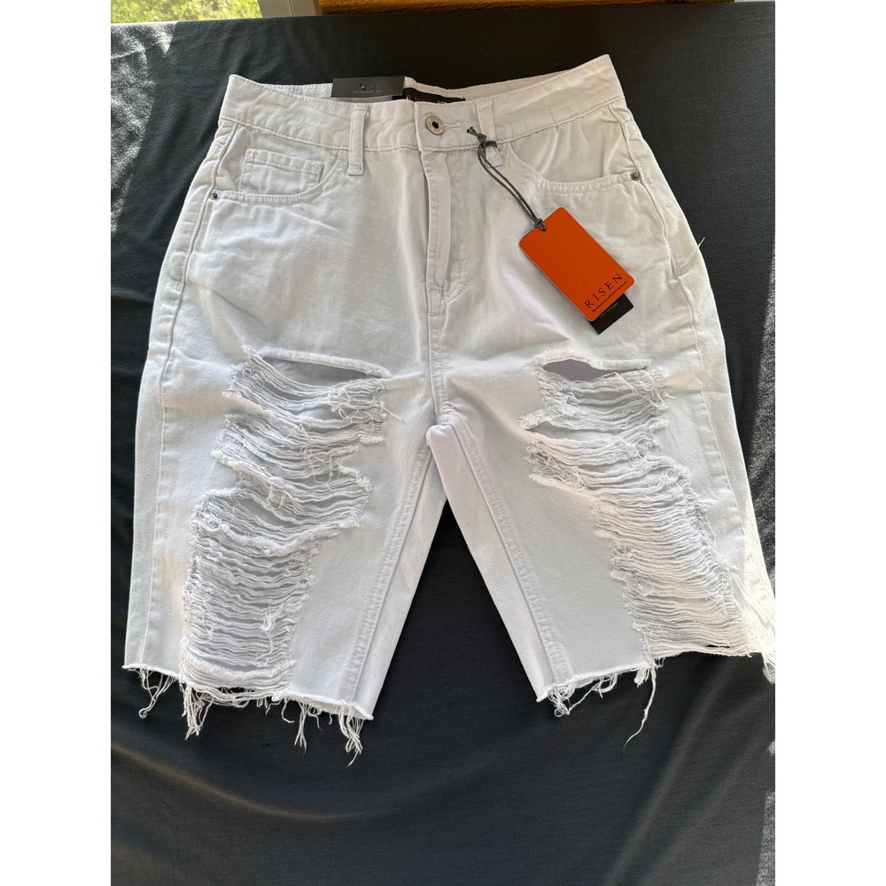 Risen Jeans Womens White Distressed Bermuda Denim Shorts High Rise NWT Small